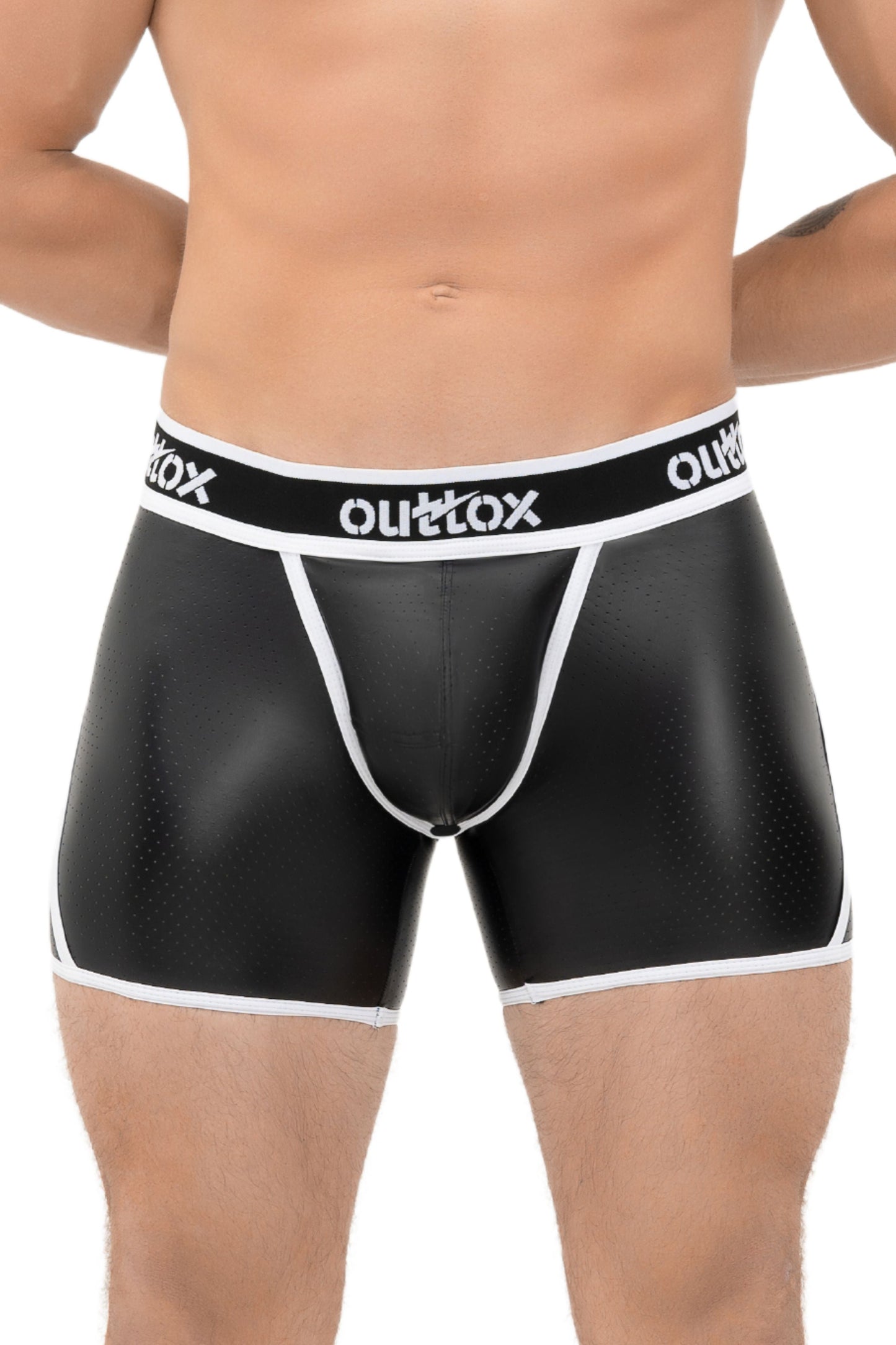 Outtox. Offene hintere Shorts mit Snap Codpiece. Schwarz+Weiß