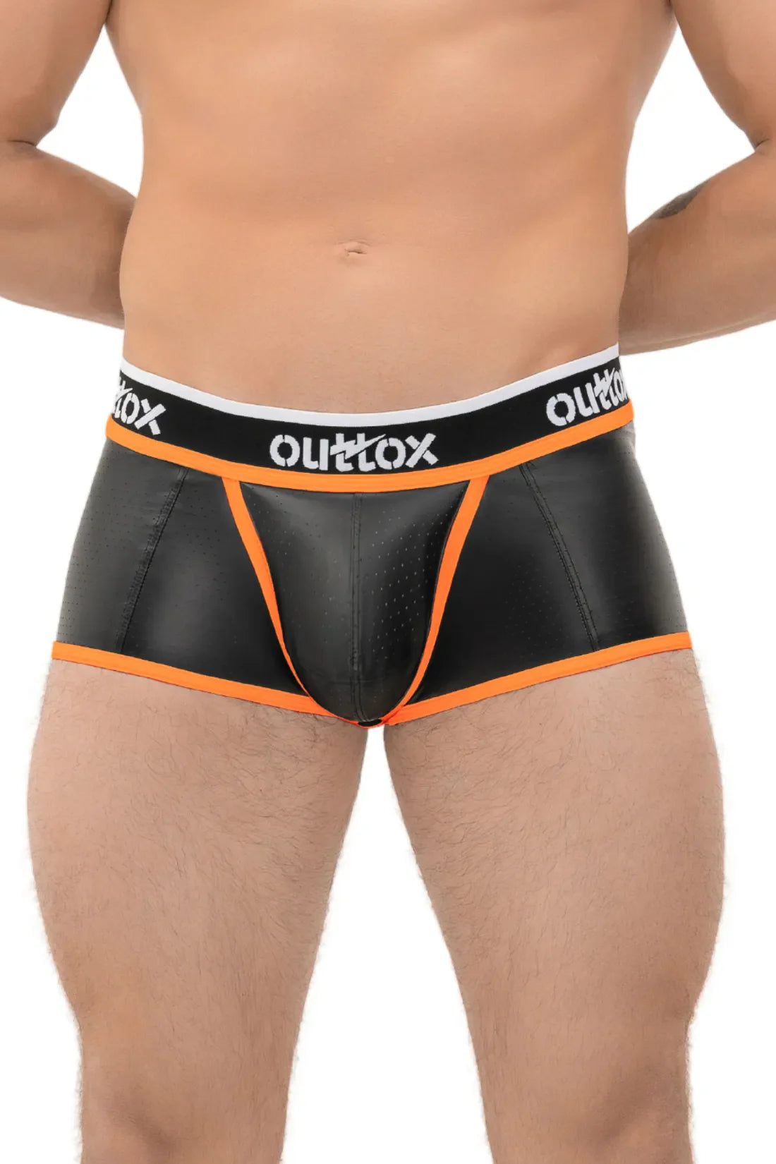 Outtox. Open Rear Trunk Shorts with Snap Codpiece. Black+Orange