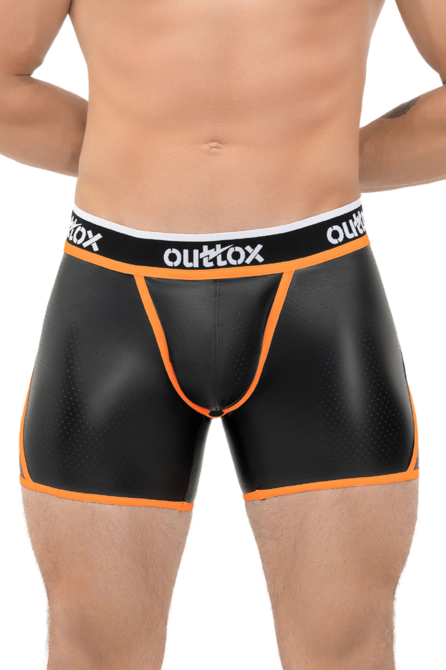 Outtox. Offene hintere Shorts mit Snap Codpiece. Schwarz+Orange