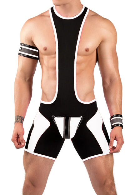 Youngero. Men's Wrestling Singlet. Codpiece. Zippered rear. Black+White 'Neon'