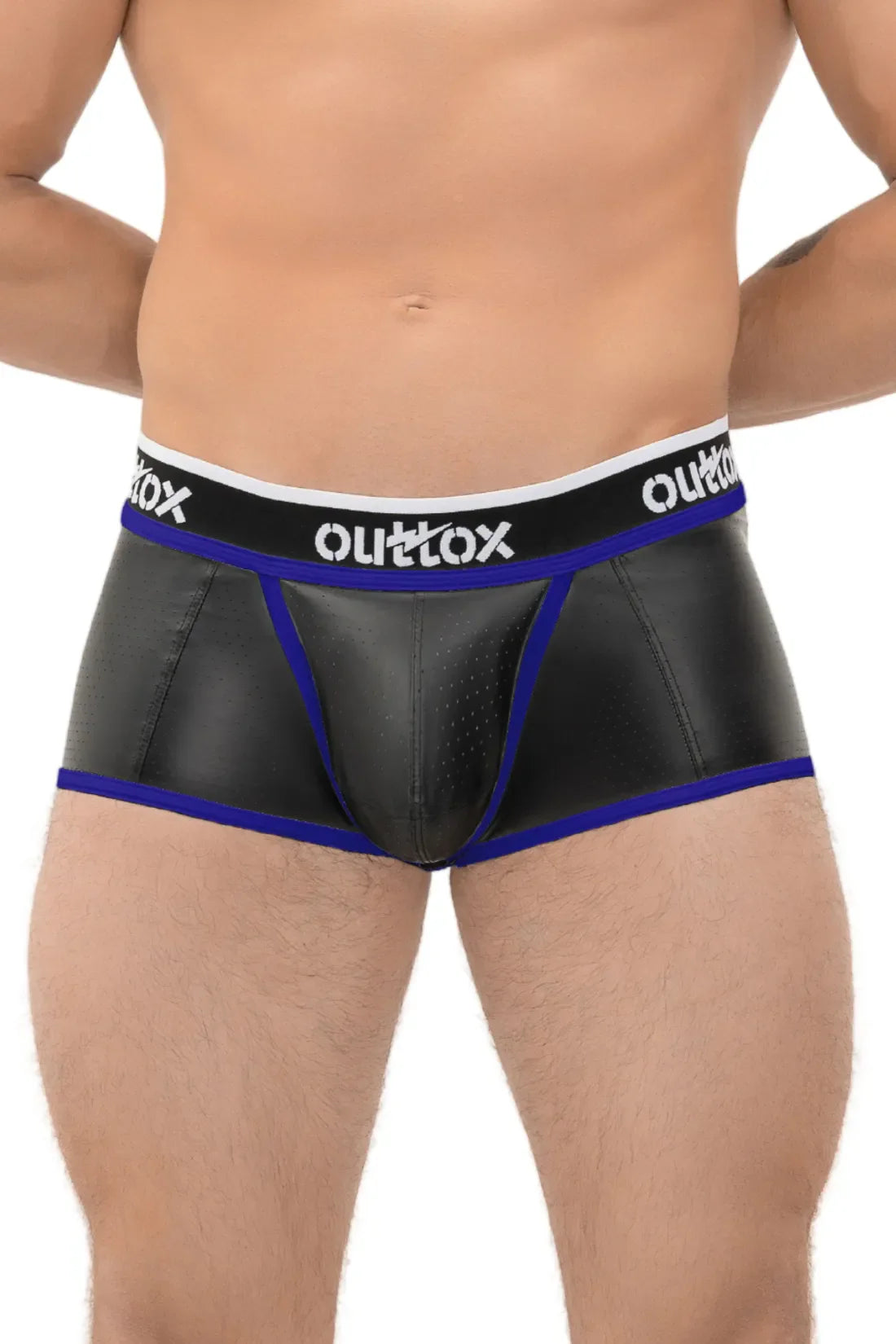 Outtox. Open Rear Trunk Shorts with Snap Codpiece. Black+Blue 'Royal'