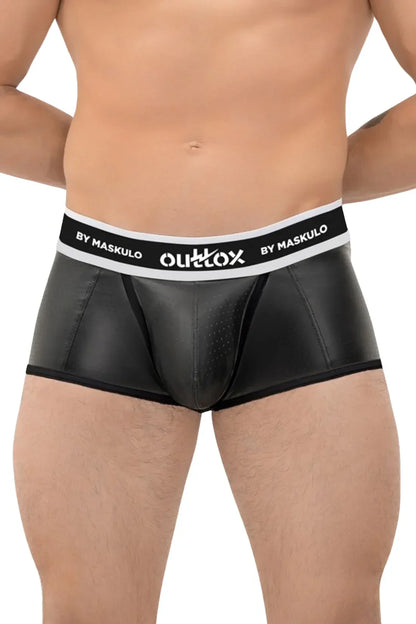 Outtox. Offene hintere Kofferraumshorts mit Snap Codpiece. Schwarz