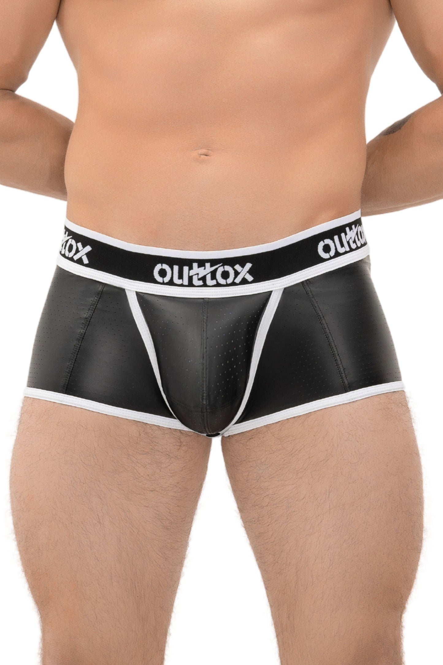 Outtox. Offene hintere Kofferraumshorts mit Snap-Codpiece. Schwarz+Weiß