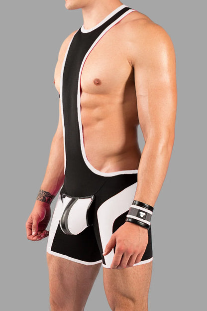 Youngero. Men's Wrestling Singlet. Codpiece. Zippered rear. Black+White 'Neon'