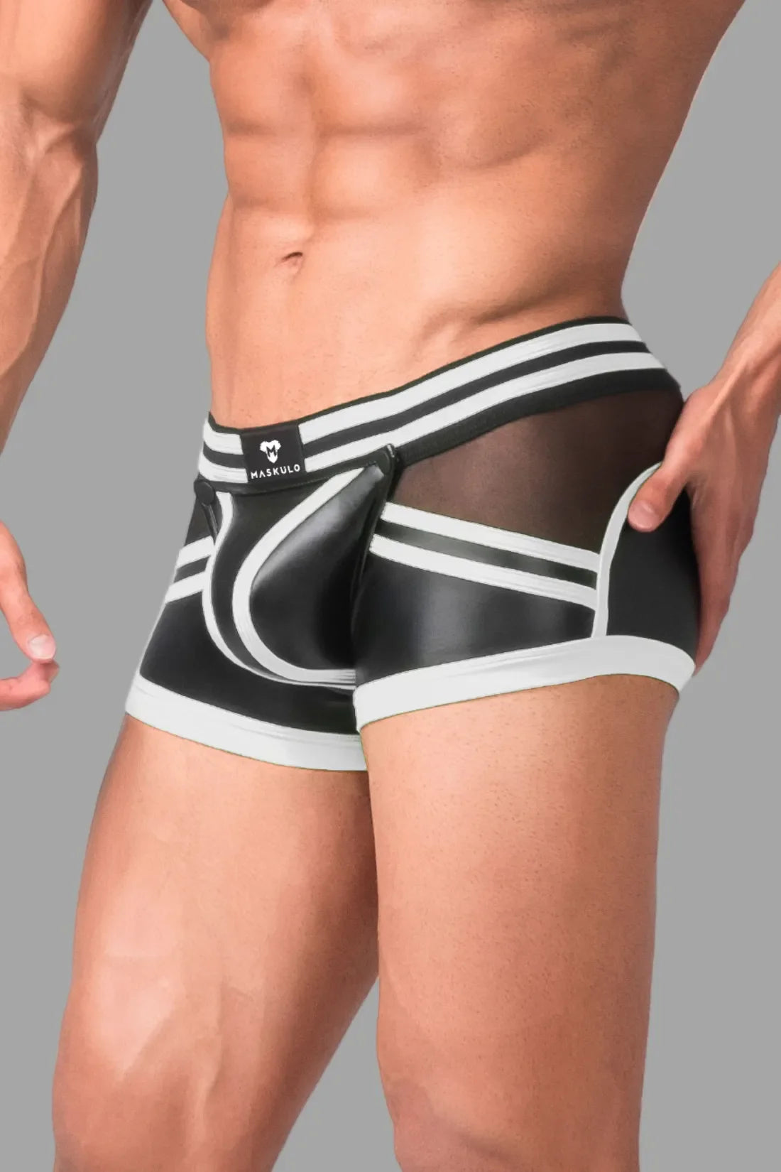 Youngero Generation Y. Men's Trunk Shorts. Codpiece. Zippered Rear. Black+White 'Neon'