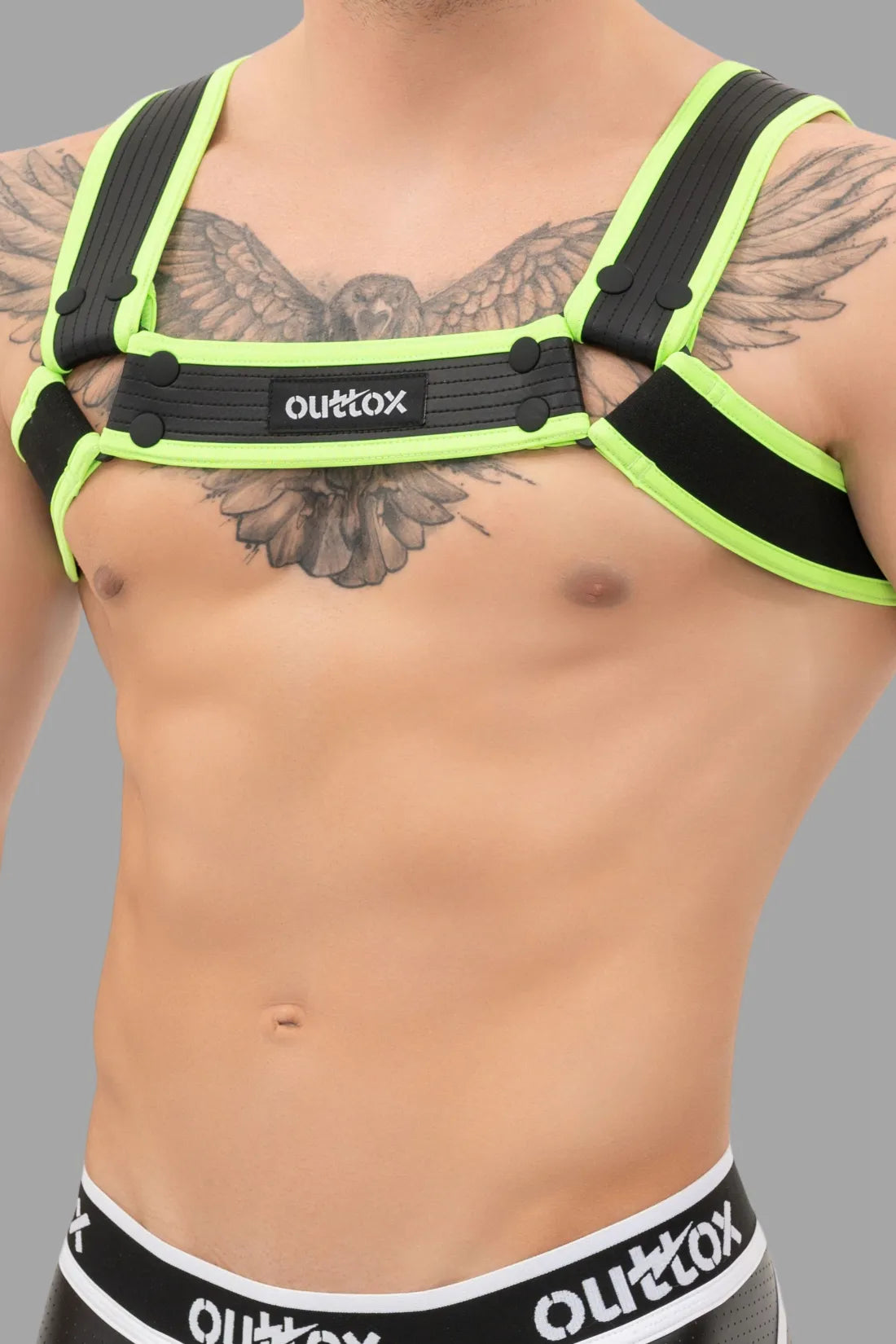 Outtox. Bulldog Harness with Snaps. Black+Green 'Neon'