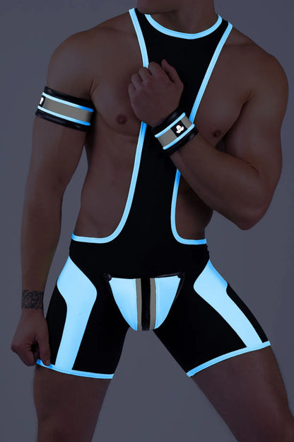 Youngero. Men's Wrestling Singlet. Codpiece. Zippered rear. Black+White 'Neon'