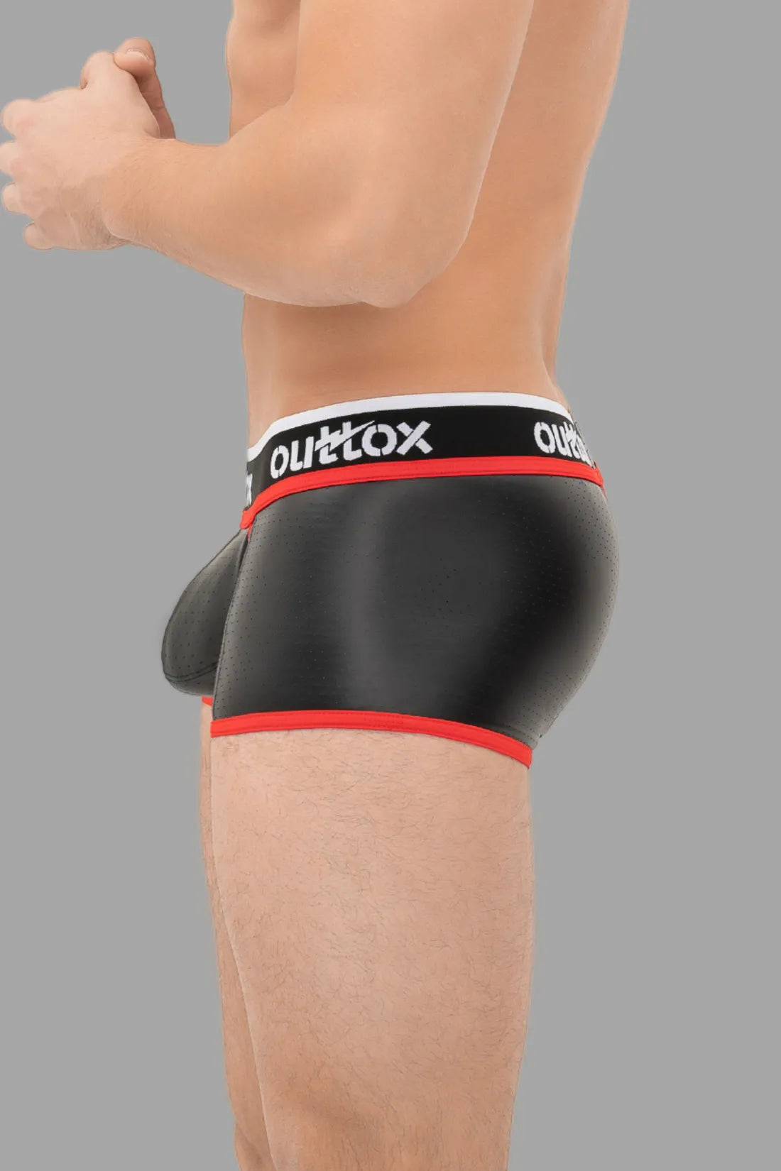 Outtox. Wrapped Rear Trunk Shorts with Snap Codpiece. Black+Red