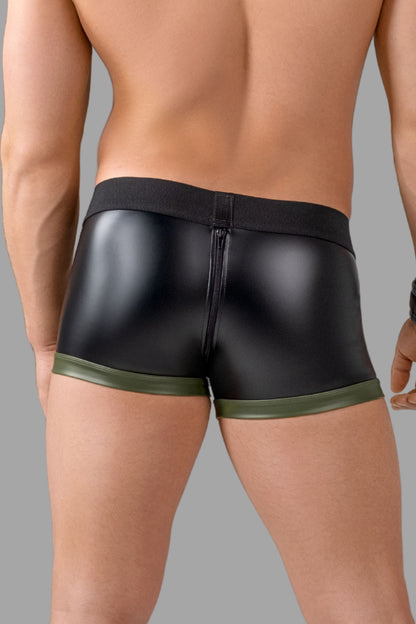 Erzwingen. Taillenhohe Codpiece-Trunk-Shorts. Hinten mit Reißverschluss. Schwarz