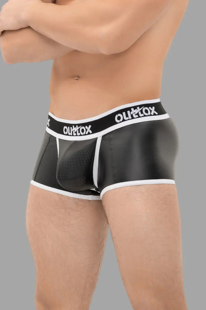 Outtox. Open Rear Trunk Shorts with Snap Codpiece. Black+White