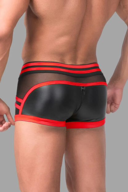 Youngero Generation Y. Men's Trunk Shorts. Codpiece. Zippered Rear. Black+Red