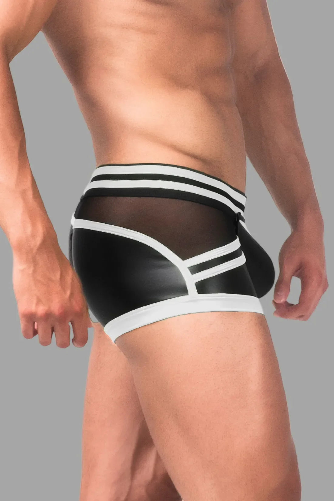 Youngero Generation Y. Men's Trunk Shorts. Codpiece. Zippered Rear. Black+White 'Neon'