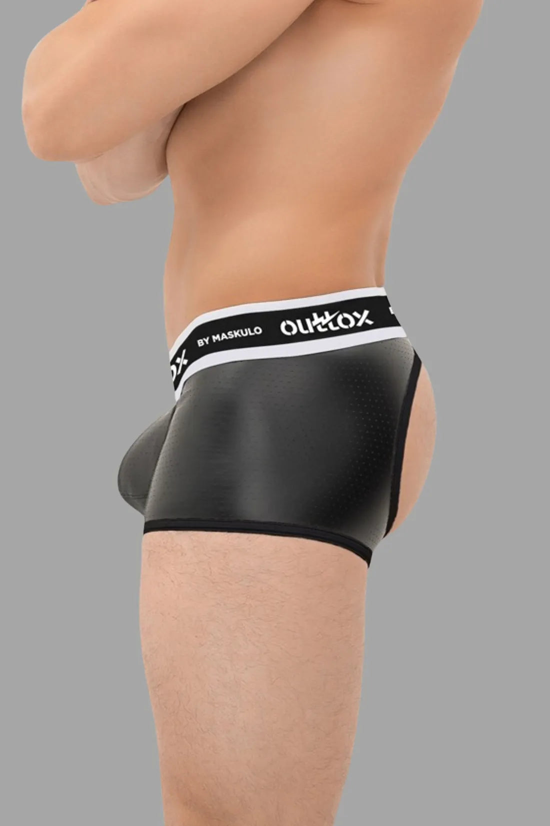 Outtox. Offene hintere Kofferraumshorts mit Snap Codpiece. Schwarz