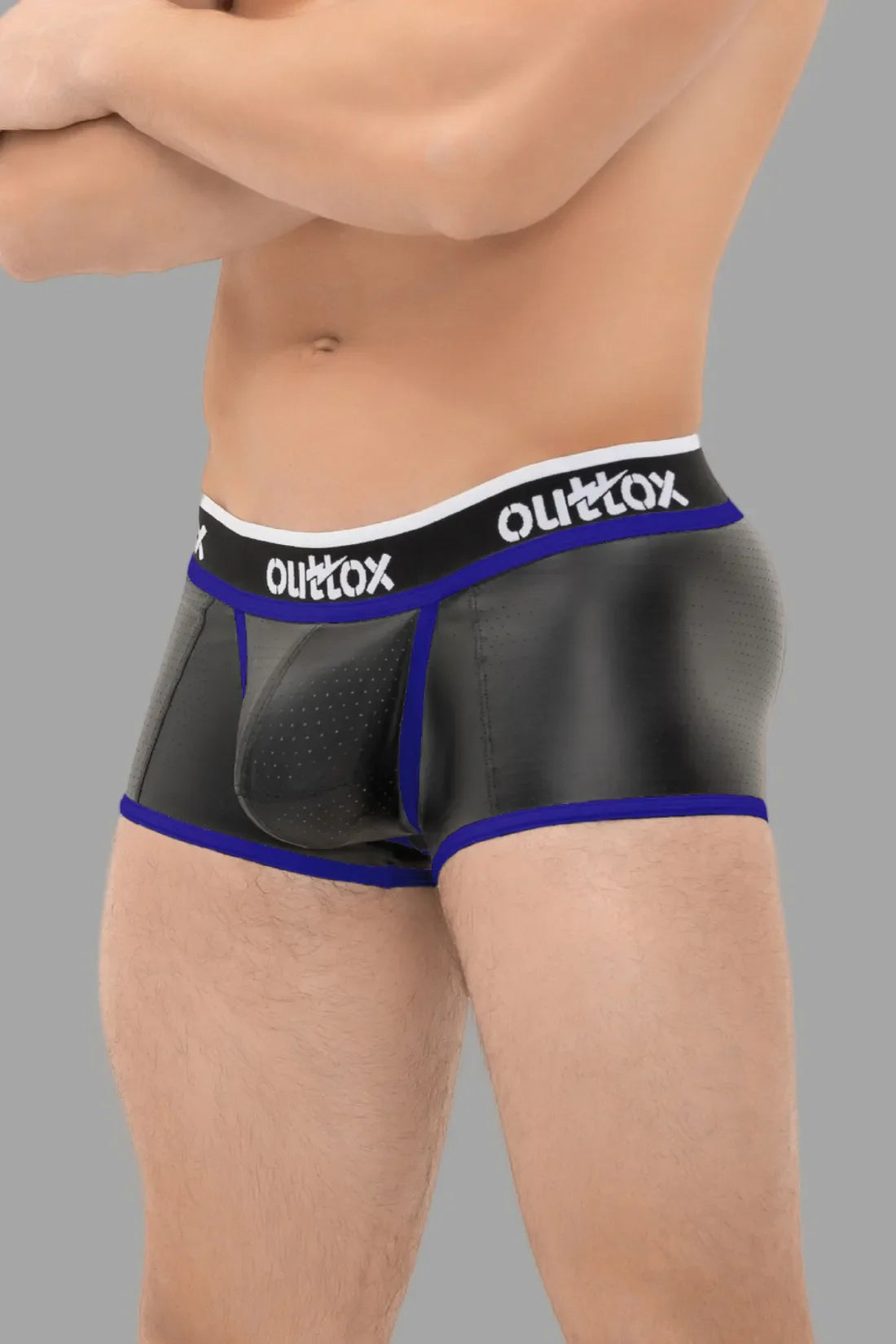 Outtox. Open Rear Trunk Shorts with Snap Codpiece. Black+Blue 'Royal'