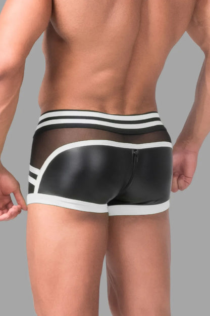 Youngero Generation Y. Men's Trunk Shorts. Codpiece. Zippered Rear. Black+White 'Neon'