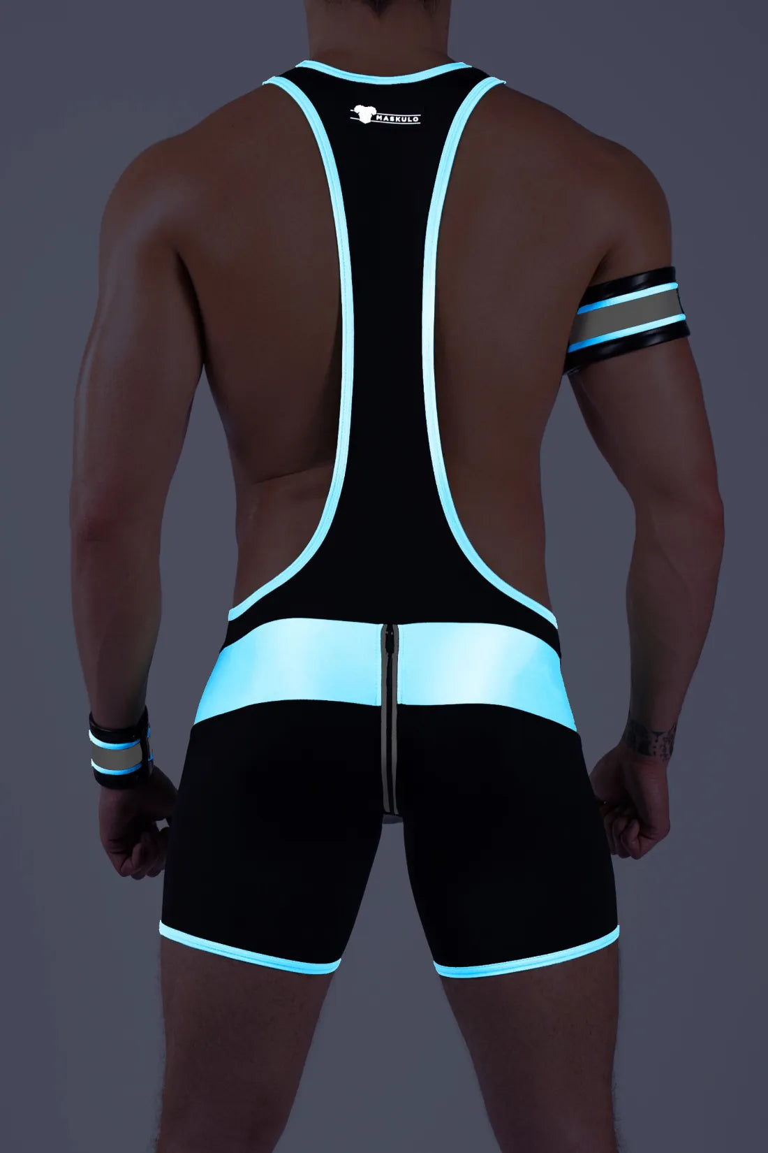 Youngero. Men's Wrestling Singlet. Codpiece. Zippered rear. Black+White 'Neon'