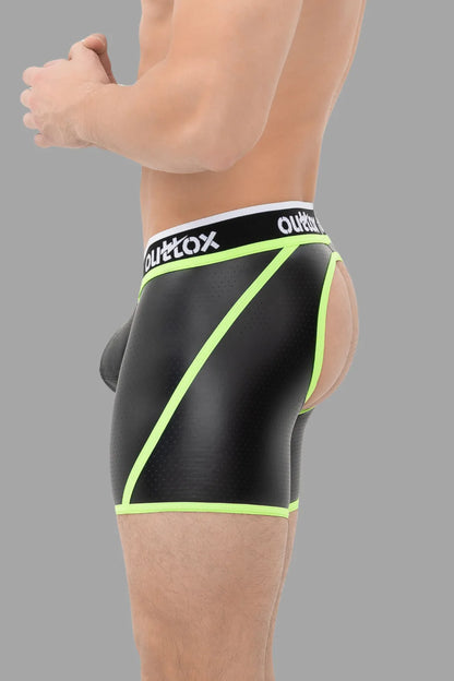 Outtox. Offene hintere Shorts mit Snap Codpiece. Schwarz+Grün 'Neon'