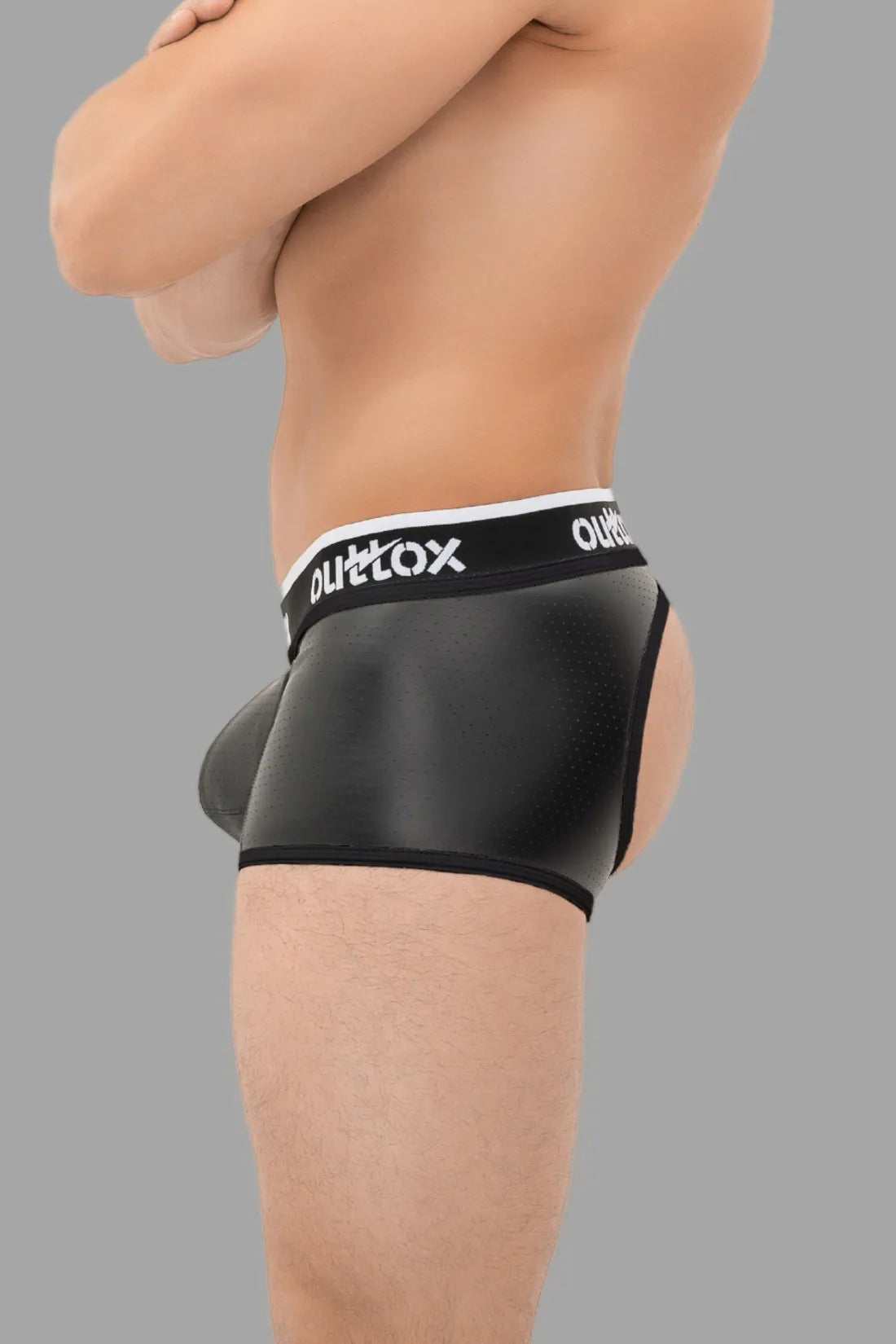 Outtox. Offene hintere Kofferraumshorts mit Snap Codpiece. Schwarz