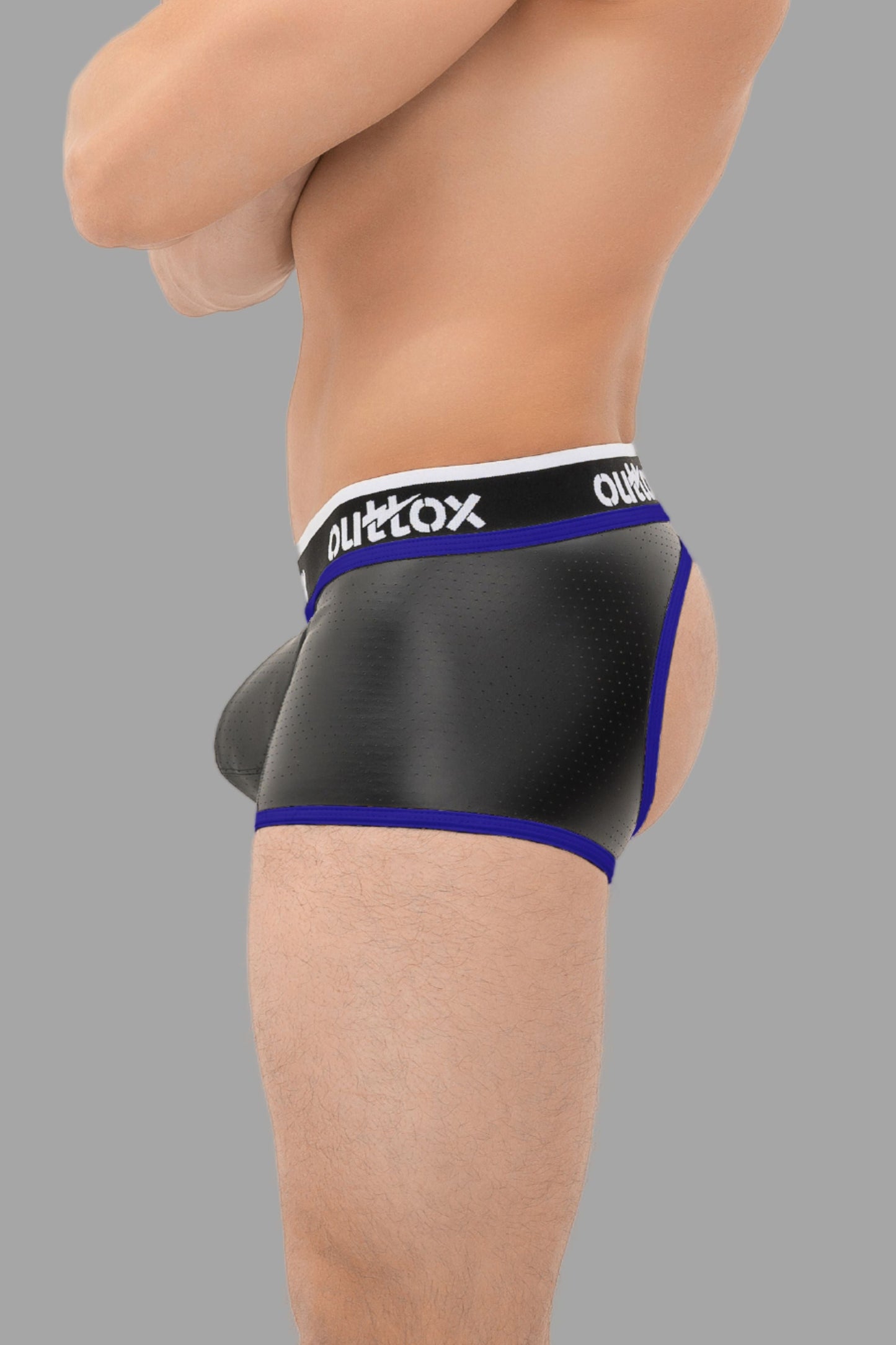 Outtox. Open Rear Trunk Shorts with Snap Codpiece. Black+Blue 'Royal'