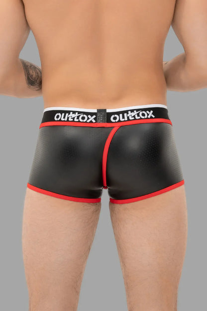 Outtox. Umwickelte Heckshorts mit Snap-Codpiece. Schwarz+Rot