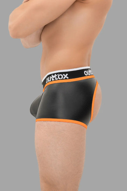 Outtox. Open Rear Trunk Shorts with Snap Codpiece. Black+Orange