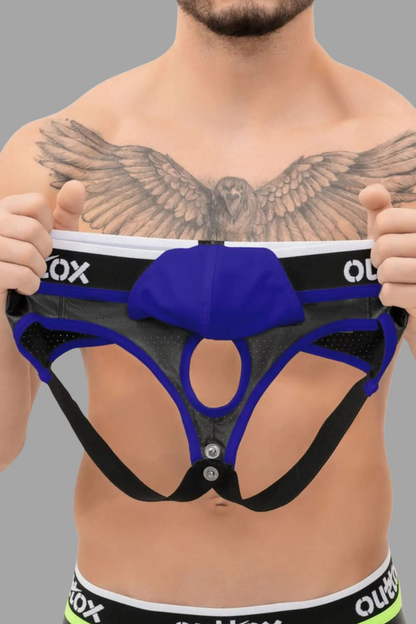 Outtox. Open Rear Briefs with Snap Codpiece. Black+Blue 'Royal'