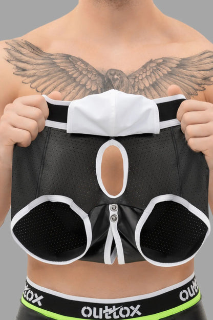 Outtox. Wrapped Rear Trunk Shorts with Snap Codpiece. Black+White