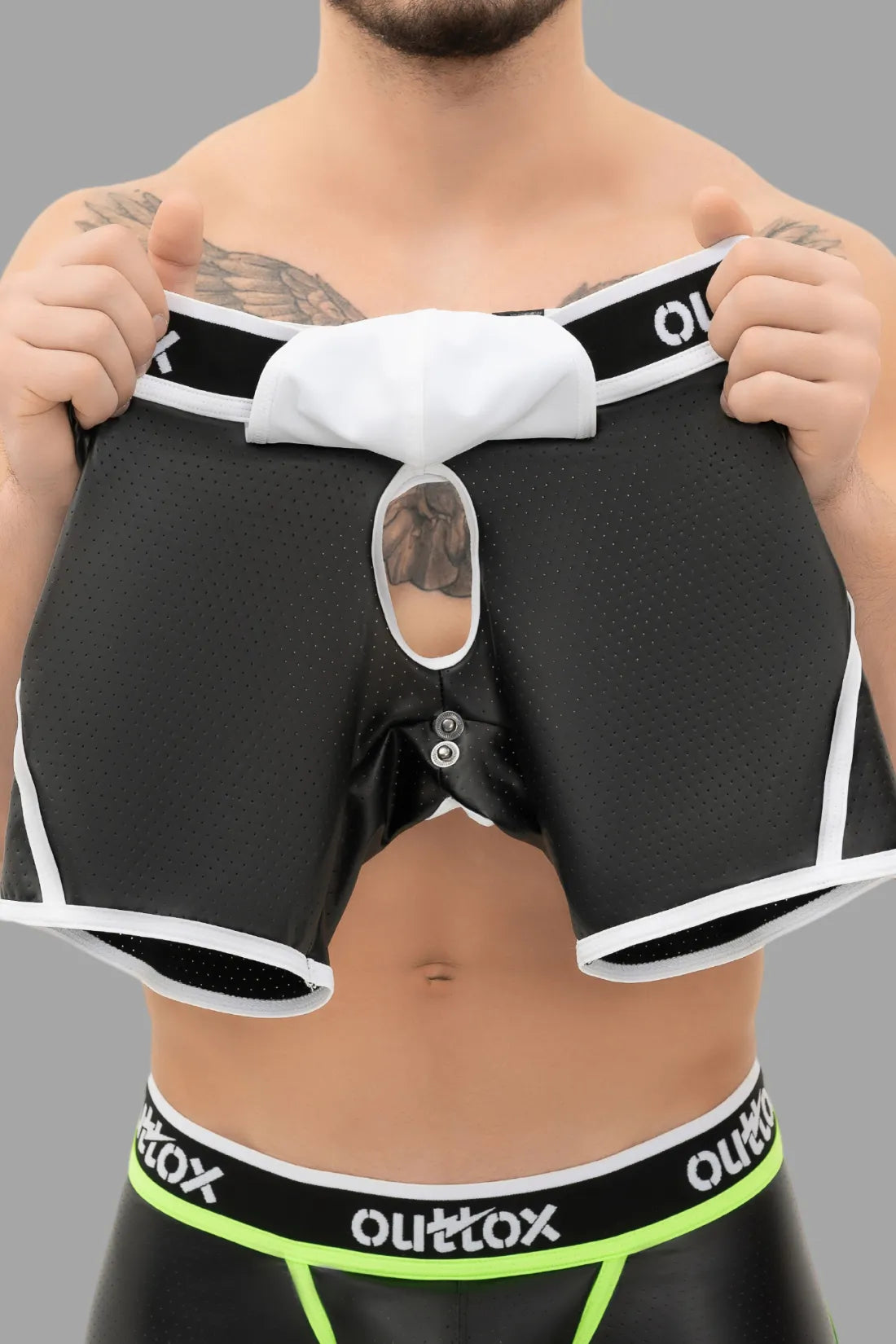 Outtox. Open Rear Shorts with Snap Codpiece. Black+White