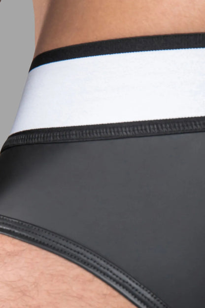 Armored. Rubber look Briefs. Detachable pouch. Zippered rear. Black