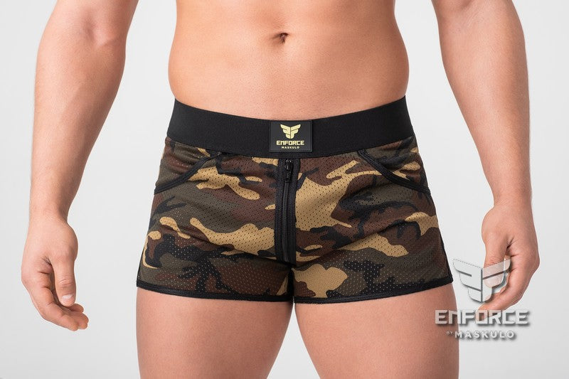 EnForce. Zipped Fetish Jogging Shorts. Green 'Camo'