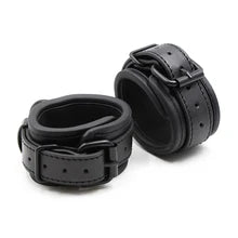 Maskulo NQ3319 Black PU Leather Handcuffs, thick and soft for BDSM games and role-playing, offering a bold look.