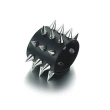 Maskulo NQ3336 6cm Black PU Leather Wristband with Silver Thick Cone Spikes, perfect hand accessory for alternative, gothic, cosplay, or daily wear.