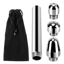 Maskulo NER313 Silver Metal Enema Shower Head with 3 interchangeable heads and textile bag, for travel hygiene.