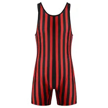 Maskulo NWS332 High Cut Wrestling Singlet for men in red/black with vertical stripes, made from soft, smooth spandex. Ideal for sports, posing, parties, cosplay, or bedroom games.