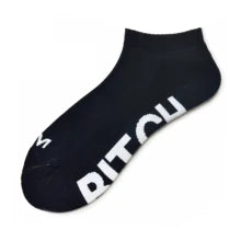 Maskulo NSC330 black ankle socks with white "B_TCH" text. Made from premium cotton, polyester, and spandex, these soft, moisture-wicking socks are ideal for daily wear in fall and winter.