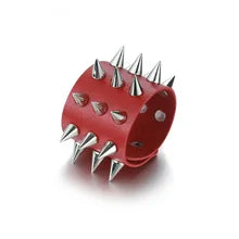 Maskulo NQ3338 6cm Red PU Leather Wristband with Silver Thick Cone Spikes, perfect for an alternative gothic look.