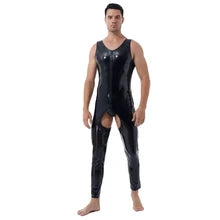 Maskulo NST336 Black Thick Vinyl Sleeveless Full Body Suit with open crotch and zipper, ideal for cosplay, parties, and role-playing.