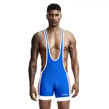 Maskulo NWS329 Mid-Cut Wrestling Singlet in Blue Royal, White, and Red. Made of soft Spandex/Polyester, ideal for sports, posing, parties, cosplay, or bedroom games.