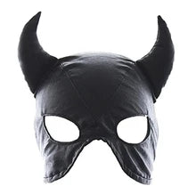 Maskulo NQ1363 Black PU Leather Hood with Horns BDSM Mask, suitable for parties, games, and bedroom use.
