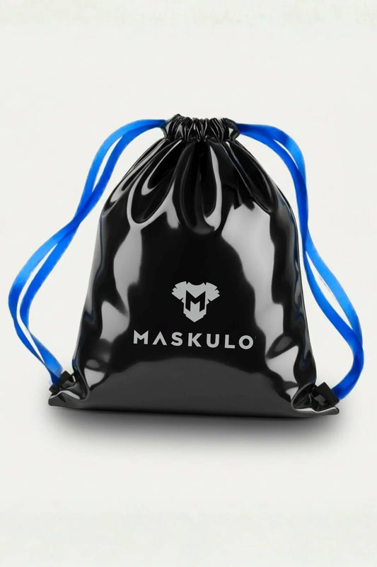 Maskulo Gift. Black Vinyl Shoulder Bag. Blue String