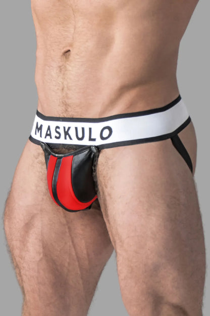 Armored. Men's Fetish Jock. Detachable Codpiece. Black+Red