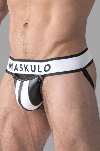 Armored. Men's Fetish Jock. Detachable Codpiece. White+Black