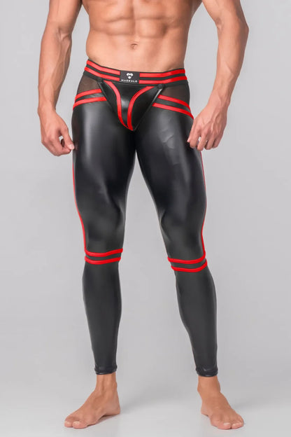 Jüngere Generation Y. Herren-Leggings. Codpiece. Hinten mit Reißverschluss. Schwarz+Rot