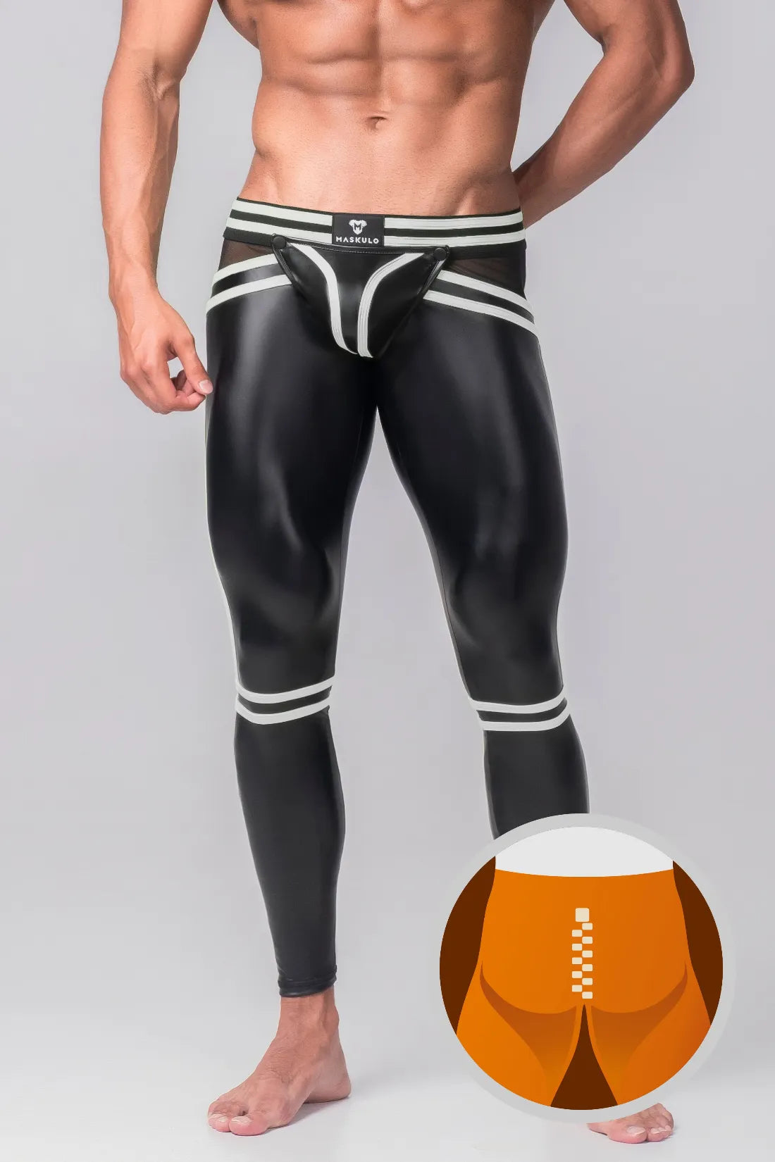 Youngero Generation Y. Men's Leggings. Codpiece. Zippered Rear. Black+White 'Neon'