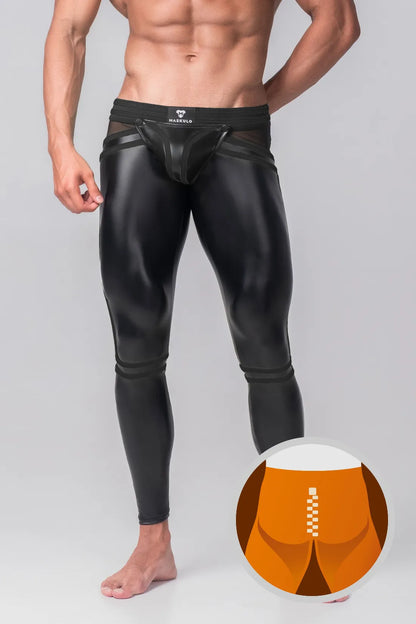 Jüngere Generation Y. Herren-Leggings. Codpiece. Hinten mit Reißverschluss. Schwarz