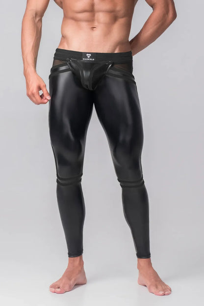 Jüngere Generation Y. Herren-Leggings. Codpiece. Hinten mit Reißverschluss. Schwarz