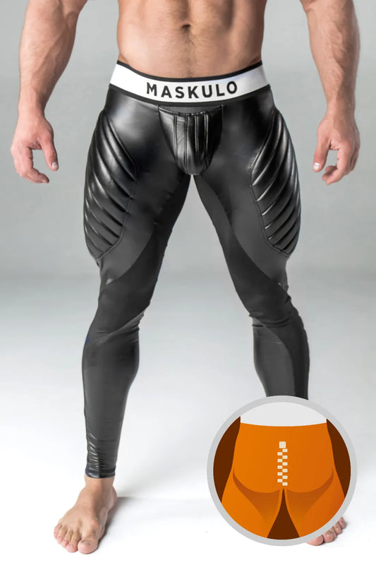 Armored. Men's Fetish Leggings. Codpiece. Zipped Rear. Black