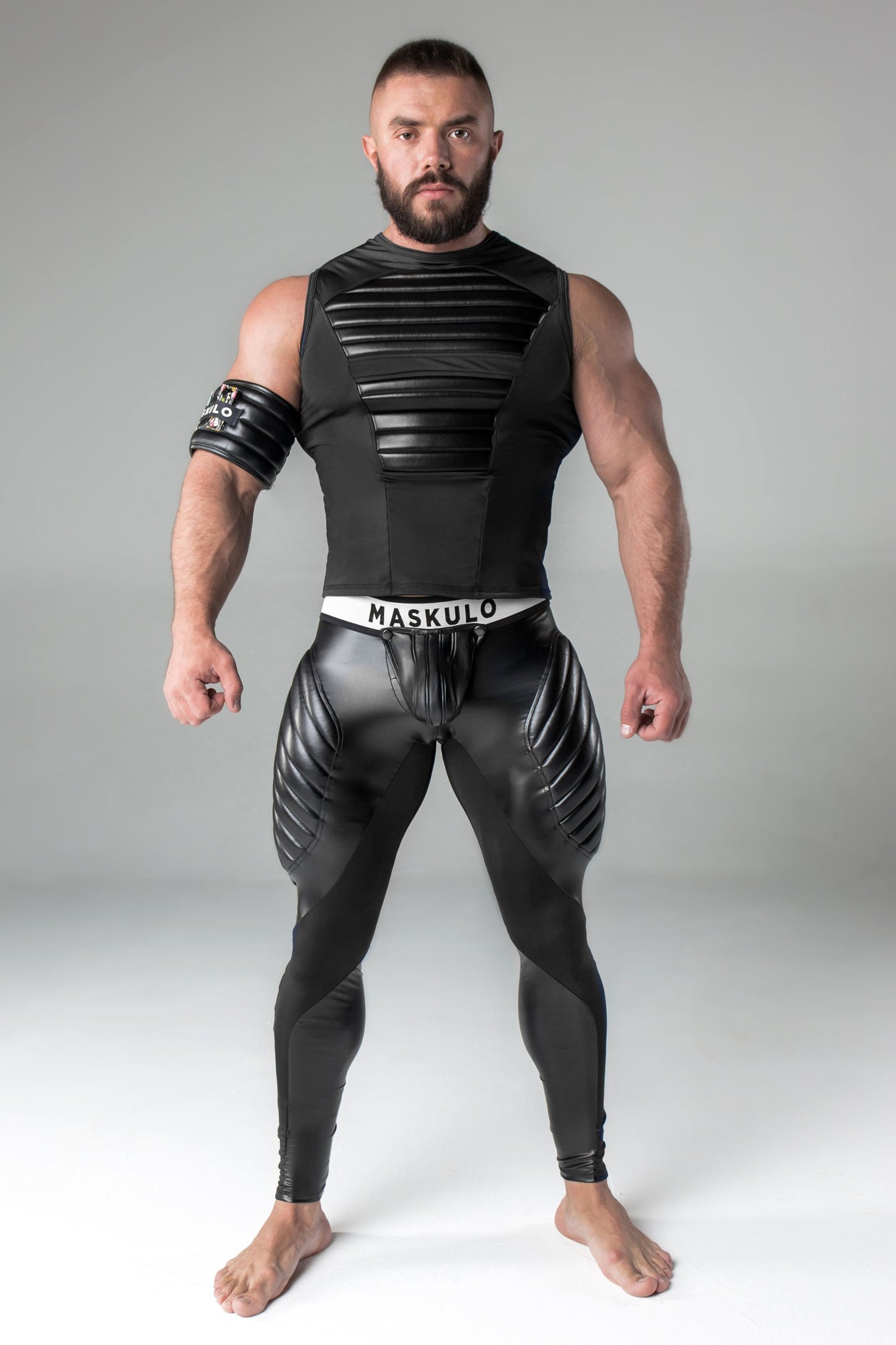 Armored. Men's Fetish Leggings. Codpiece. Zipped Rear. Black