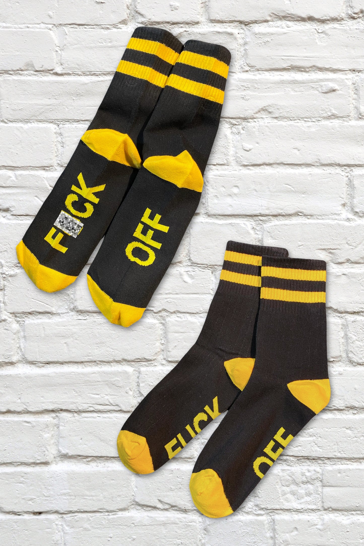 "F*CK OFF" Crew Socks. Black + Yellow