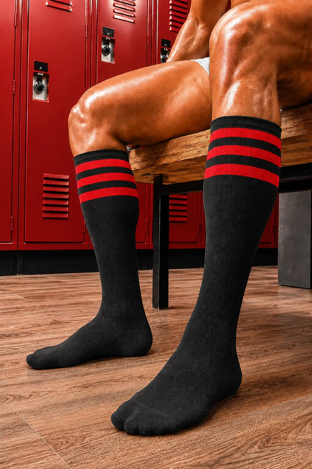 Long Socks. Black + 3 Red Stripes